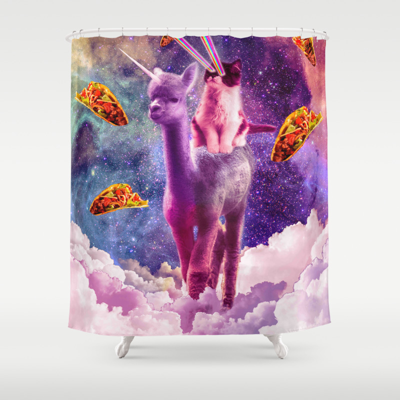 Cosmic Cat Riding Alpaca Unicorn Shower Curtain By Randomgalaxy