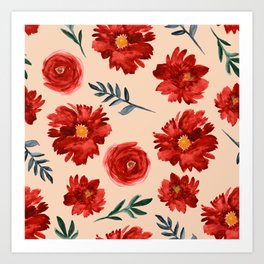 Red Flowers Watercolor Vintage Floral Pattern  Art Print