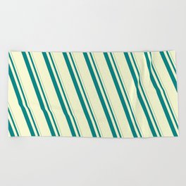 [ Thumbnail: Teal and Light Yellow Colored Striped/Lined Pattern Beach Towel ]