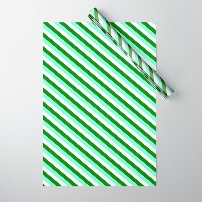 Aquamarine, Mint Cream & Green Colored Stripes/Lines Pattern Wrapping Paper