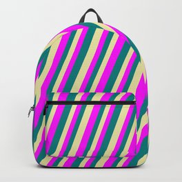 [ Thumbnail: Pale Goldenrod, Fuchsia, and Teal Colored Striped Pattern Backpack ]