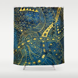 Tribal  Watercolor and Gold Pattern on blue Shower Curtain