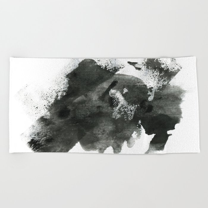 Abstract ink background. Marble style. Black paint stroke texture on white paper Grunge mud art. Macro image of pen juice. Dark Smear.   Beach Towel