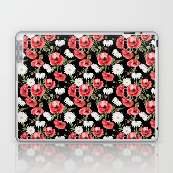 Daisy and Poppy Seamless Pattern on Black Background Laptop & iPad Skin