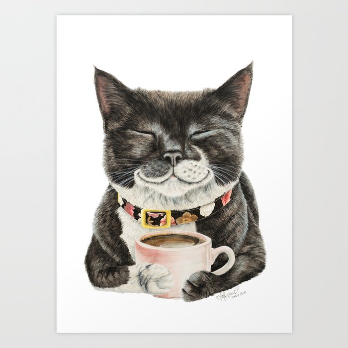 Purrfect Morning , cat with her coffee cup Art Print