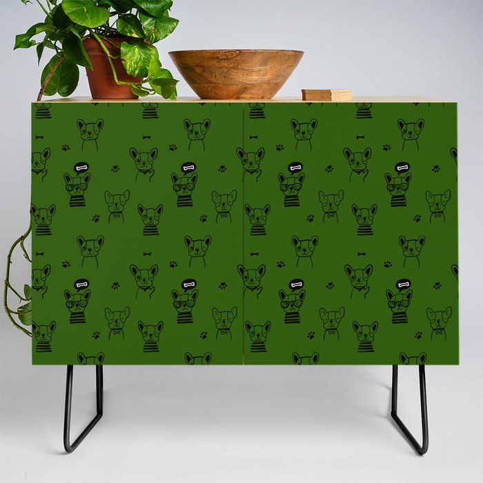 Green and Black Hand Drawn Dog Puppy Pattern Credenza