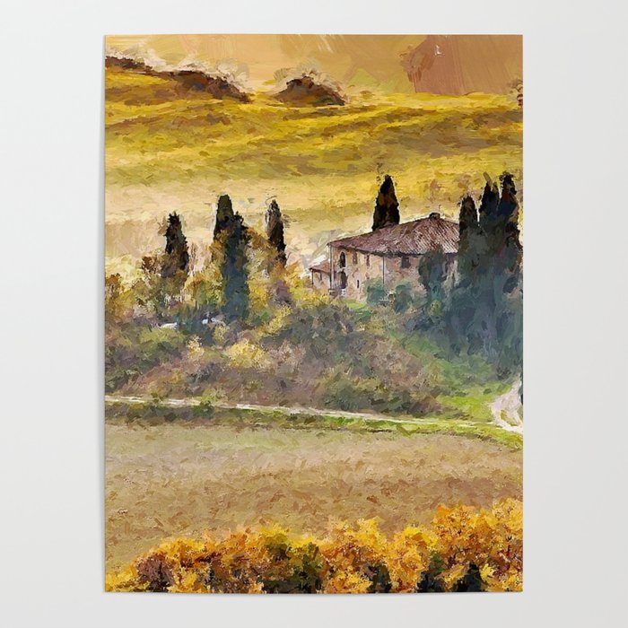 Italian Villa, Rolling Hills and Vineyards of Tuscany, Italy landscape painting Poster