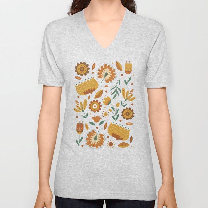 Autumn Folk Art Florals V Neck T Shirt