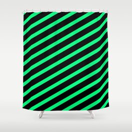 [ Thumbnail: Black and Green Colored Lined/Striped Pattern Shower Curtain ]