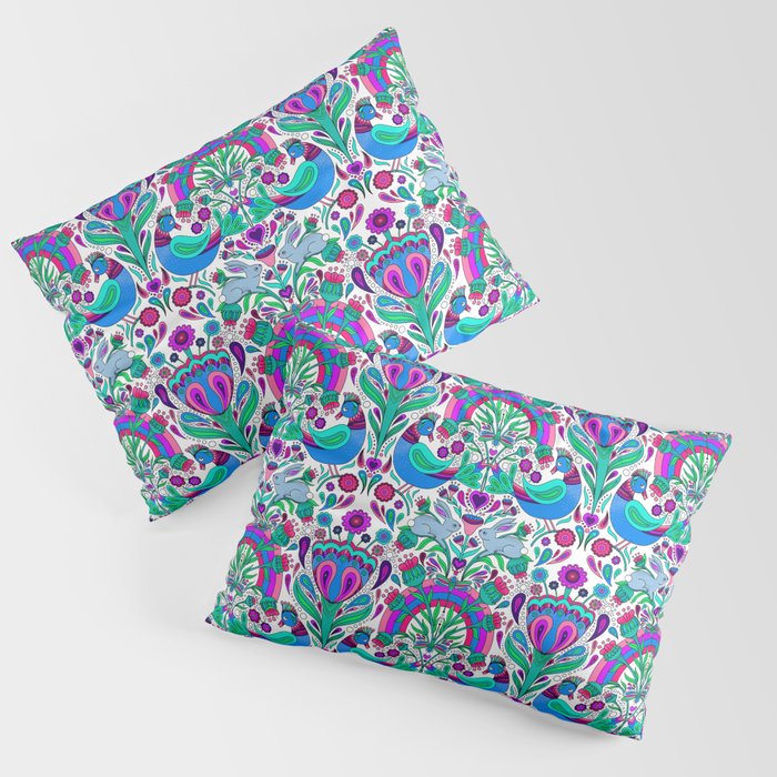 Folk Art Rainbow Birds and Bunnies - Blue and Purple Distelfink Daydream  Pillow Sham