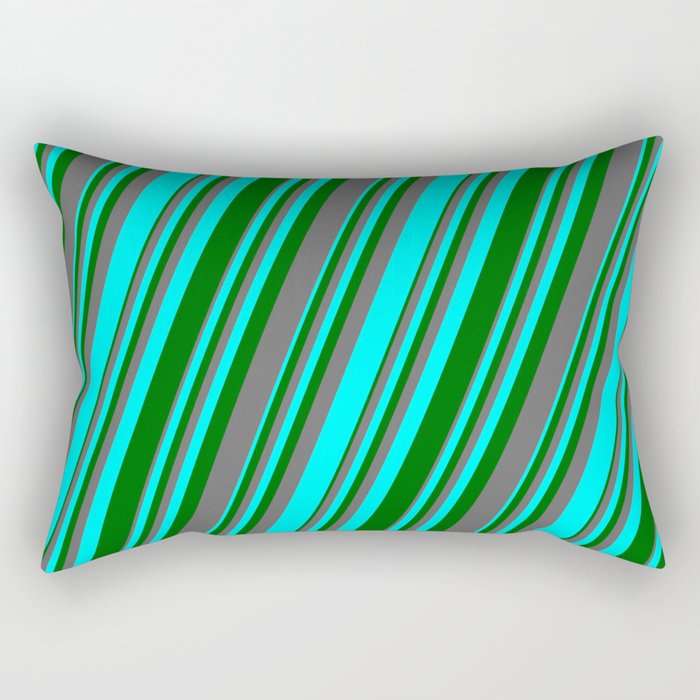 Aqua, Dark Green & Dim Grey Colored Lines/Stripes Pattern Rectangular Pillow
