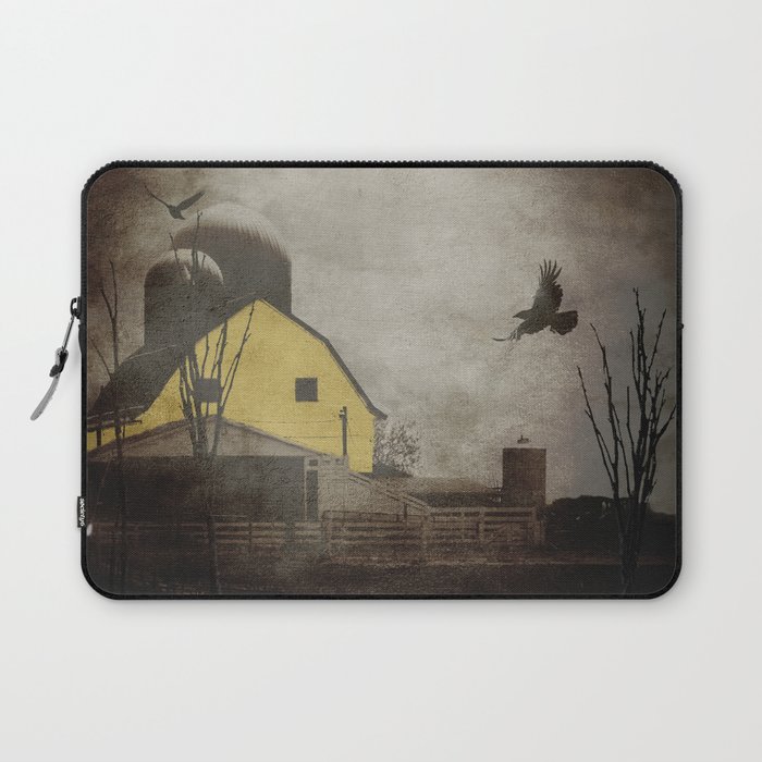 Yellow Barn on Sepia Background With Birds Flying A170 Laptop Sleeve