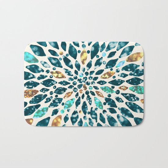 Glitter Dahlia in Gold, Aqua and Ocean Green Bath Mat