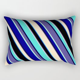 [ Thumbnail: Eye-catching Dark Slate Blue, Bisque, Turquoise, Blue, and Black Colored Lined/Striped Pattern Rectangular Pillow ]
