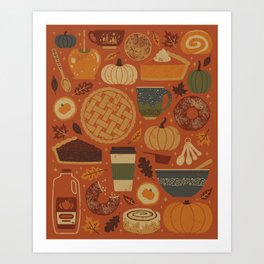 Pumpkin Spice Art Print | Halloween, Fall, Coffee, Autumn, Drawing, Baking, Cookie, Pie, Apple, Orange 