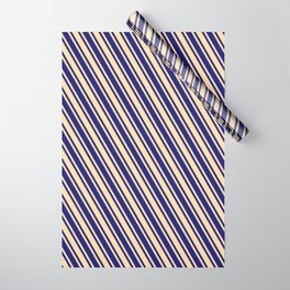 [ Thumbnail: Tan & Midnight Blue Colored Lines/Stripes Pattern Wrapping Paper ]