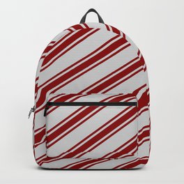 [ Thumbnail: Light Grey and Dark Red Colored Striped Pattern Backpack ]