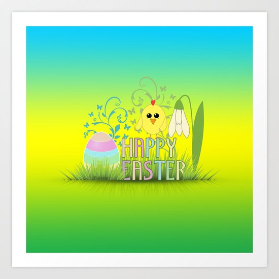 Happy Easter Egg, Chick and Snowdrop Art Print