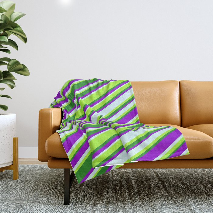 Dark Violet, Light Cyan, Light Green & Forest Green Colored Lines Pattern Throw Blanket