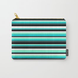 [ Thumbnail: Eyecatching Aquamarine, Dark Turquoise, Dark Slate Gray, Black, and White Colored Stripes Pattern Carry-All Pouch ]