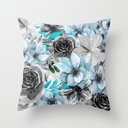 Teal & Grey Floral Watercolor  Throw Pillow
