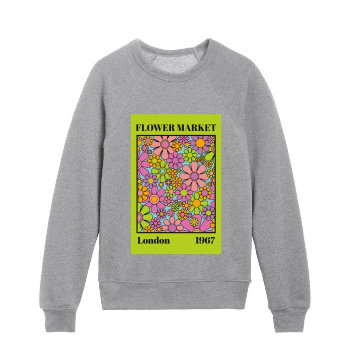 Flower Market London 1967 Colorful Retro Floral 60s Plastic Art Print on Lime Kids Crewneck