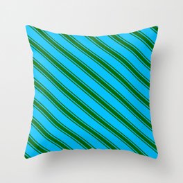 [ Thumbnail: Deep Sky Blue & Dark Green Colored Stripes/Lines Pattern Throw Pillow ]