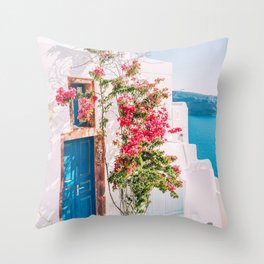 Blue Door in Santorini - Greece Travel Photography - Summer Island Throw Pillow
