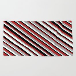 [ Thumbnail: Red, Dark Grey, Mint Cream, and Black Colored Pattern of Stripes Beach Towel ]