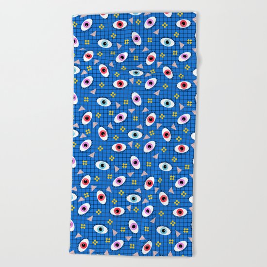 Hungry - eyes retro grid throwback 1980s minimal modern pattern print wacko designs neon Beach Towel