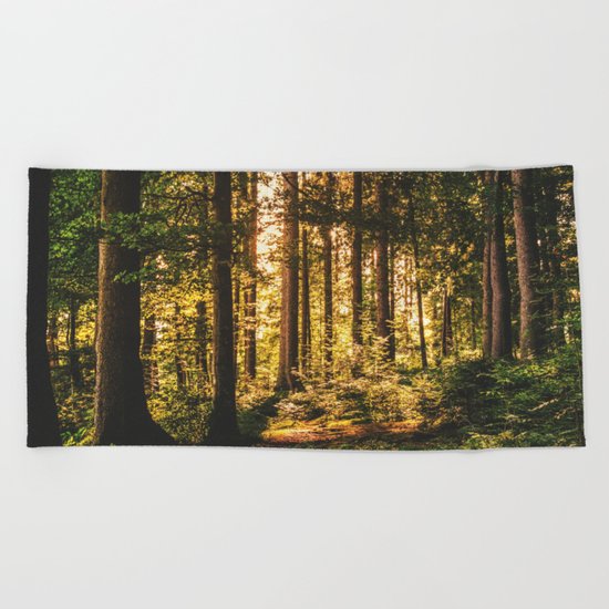 Woods - Forest, green trees outdoors photography Beach Towel