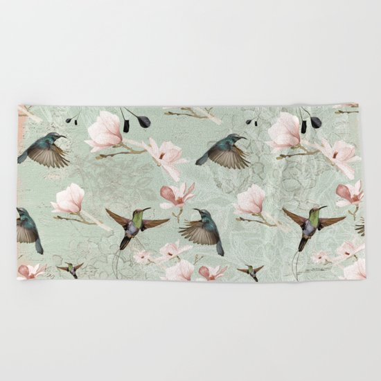 Vintage Watercolor hummingbird and Magnolia Flowers on mint Background Beach Towel