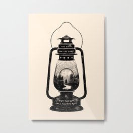 THE PATH MAY BE DARK BUT THE SUN WILL ALWAYS RISE Metal Print | Retro, Illustration, Camping, Love, Sunshine, Inspiration, Lintern, Curated, Drawing, Vintage 