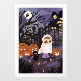 trick or treat cute little sloth ghost Art Print | Cuteghost, Cutesloth, Nero, Blackcat, Byjilooo, Jilooo, Spooky, Halloween, Neko, Trickortreat 