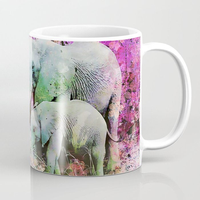 Elephant art mother child pink floral Coffee Mug