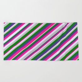 [ Thumbnail: Eye-catching Dark Slate Blue, Deep Pink, Lavender, Grey, and Green Colored Striped/Lined Pattern Beach Towel ]