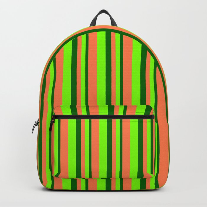 Dark Green, Chartreuse & Coral Colored Lined/Striped Pattern Backpack