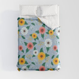 Colorful Spring Flowers Pattern in Pale Blue Background Duvet Cover