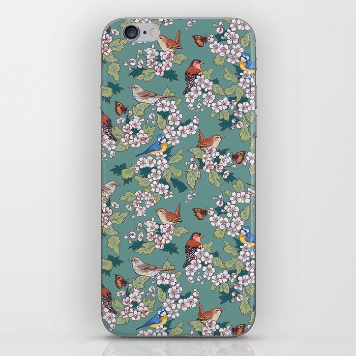 Hawthorn May Blossom and Hedgerow Birds on Teal iPhone Skin