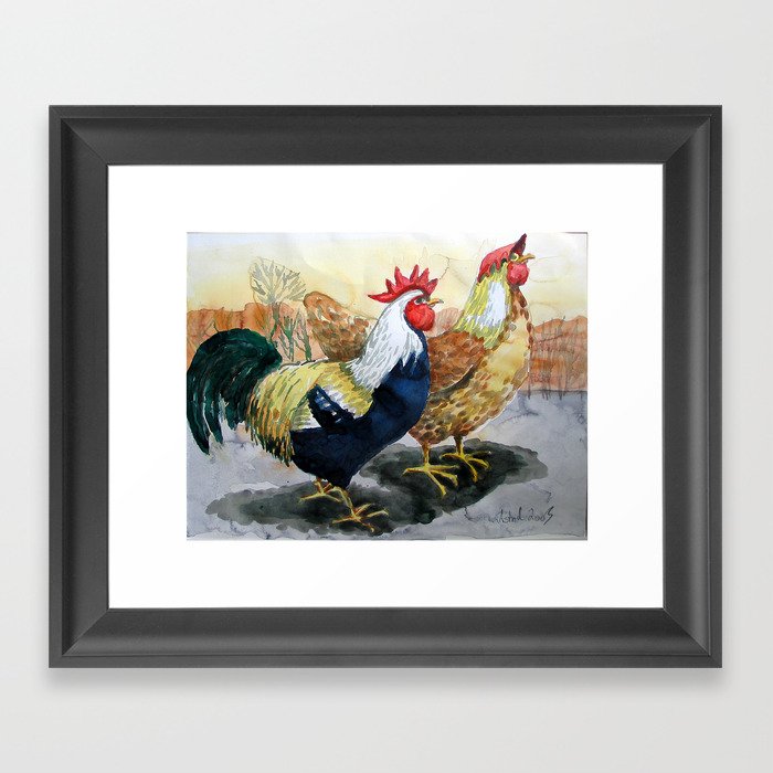 Rooster and Hen Framed Art Print