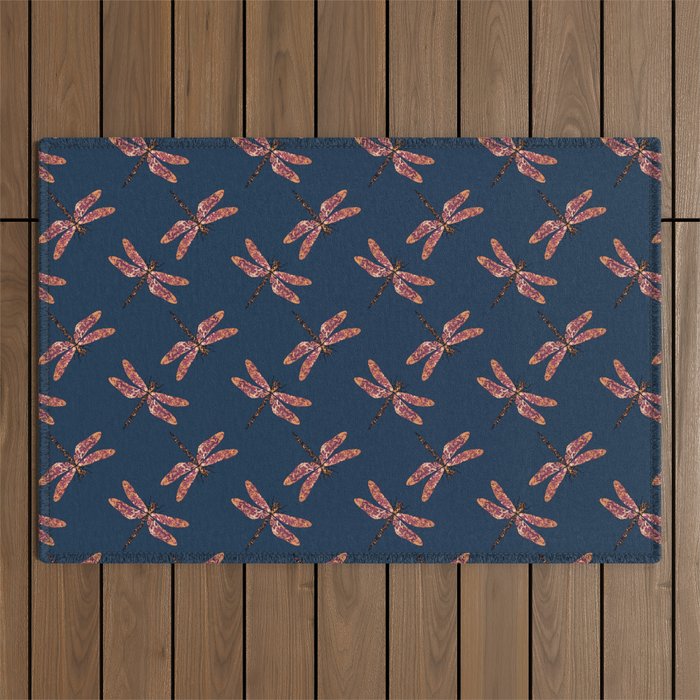 Lava swirl dragonfly pattern on blue background Outdoor Rug