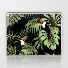 Tropical vintage toucan, palm leaves floral seamless pattern black background. Exotic jungle wallpaper.  Laptop Skin