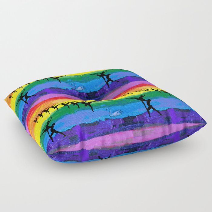 Swan lake - ballet dancer figures in rainbow colors background Floor Pillow