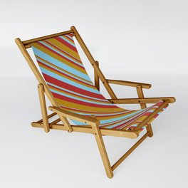 [ Thumbnail: Dark Goldenrod, Sky Blue & Red Colored Stripes Pattern Sling Chair ]