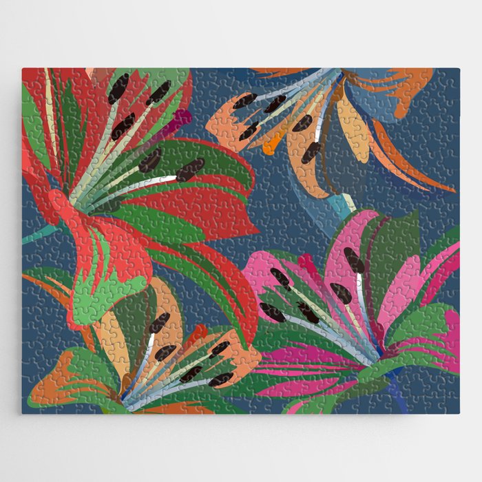 Lily - Colorful Floral Bouquet Art Pattern on Blue Jigsaw Puzzle