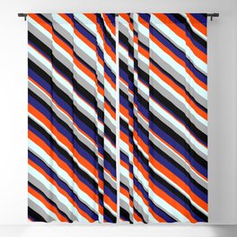 [ Thumbnail: Eye-catching Red, Light Cyan, Dark Grey, Black, and Midnight Blue Colored Stripes Pattern Blackout Curtain ]