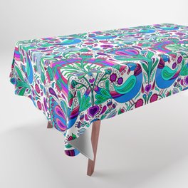 Folk Art Rainbow Birds and Bunnies - Blue and Purple Distelfink Daydream  Tablecloth