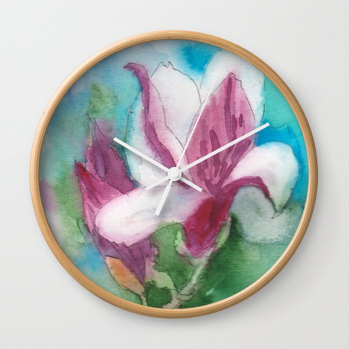 Magnolia flower watercolor art Wall Clock
