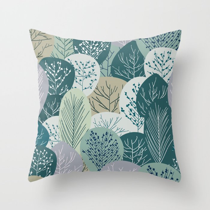 Forest Woodland Trees, Green, Floral Prints Throw Pillow