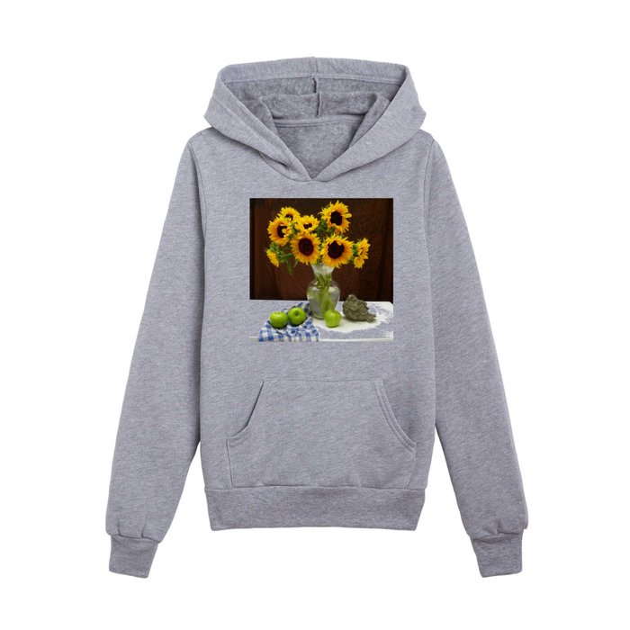 Sunflower bouquet in vase with apples still life portrait color photograph / photography Kids Pullover Hoodie